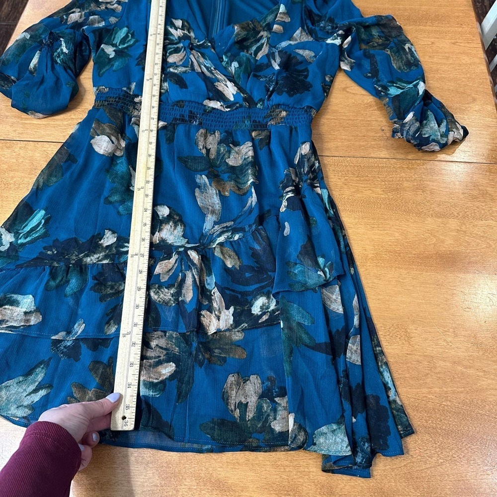 Harper Rose Floral Mini Dress Womens 12 Teal Long Sleeve Smocked Tiered Chiffon - Picture 7 of 9
